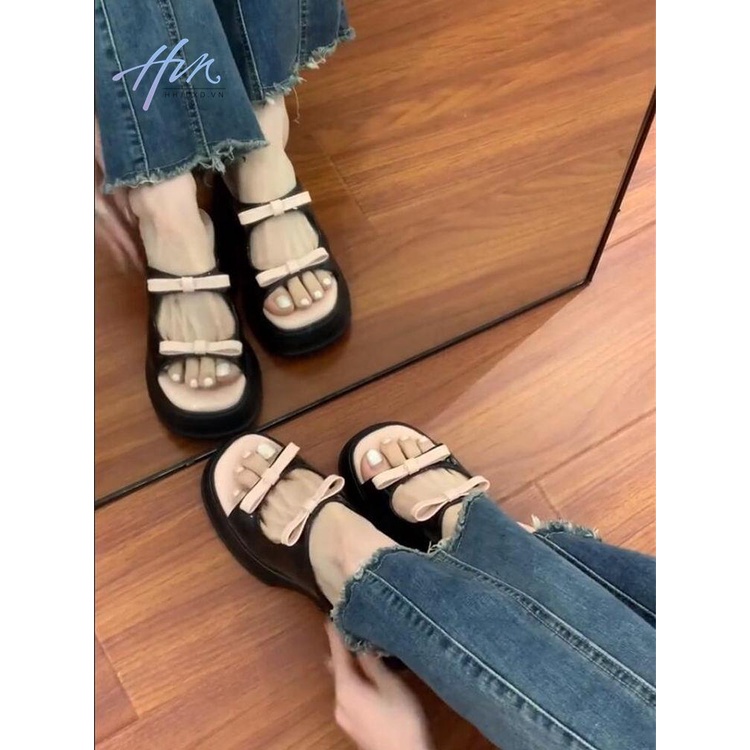 Giày Cao Gót Hở Mũi Đính Nơ Hồng Thời Trang Mùa Hè Cho Nữ