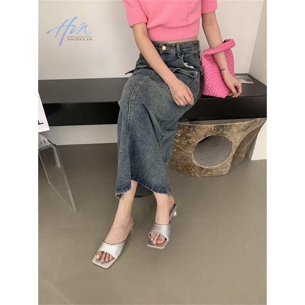 Sandal Hở Ngón Gót Thấp Mũi Vuông Màu Bạc Thời Trang Mùa Hè Cho Nữ