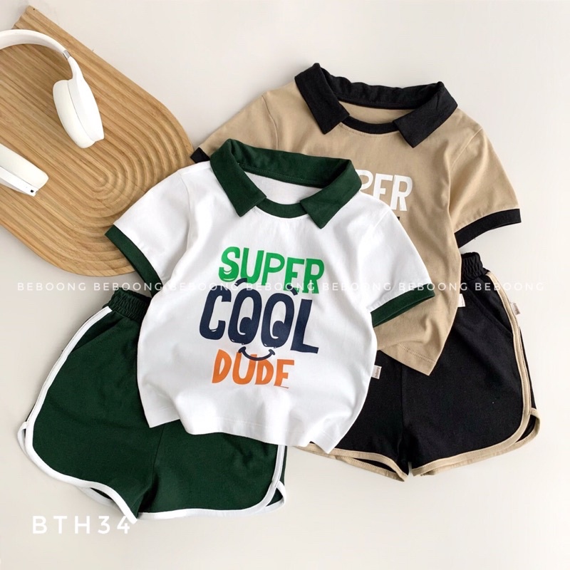 Bộ bé trai Beboong cotton in chữ 2 màu cho bé từ 9-22kg-23B147