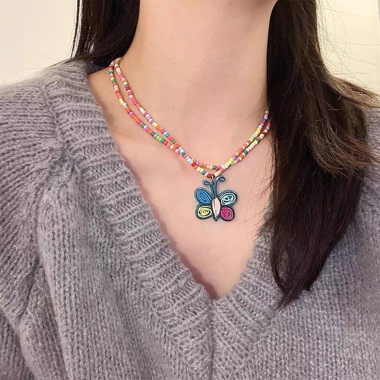 Dây Chuyền Hai Lớp Đính Hạt Hình Bướm Nhiều Màu Sắc Thời Trang Sang Trọng Cho Nữ