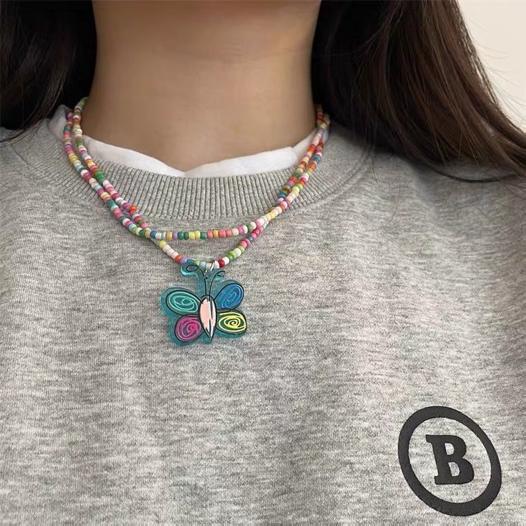 Dây Chuyền Hai Lớp Đính Hạt Hình Bướm Nhiều Màu Sắc Thời Trang Sang Trọng Cho Nữ