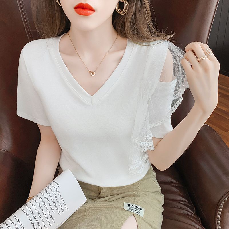 Áo Thun Mùa Hè 2023 Áo Thun Tay Cộc Trễ Vai Xếp Nếp Phối Ren Bèo Cho Nữ