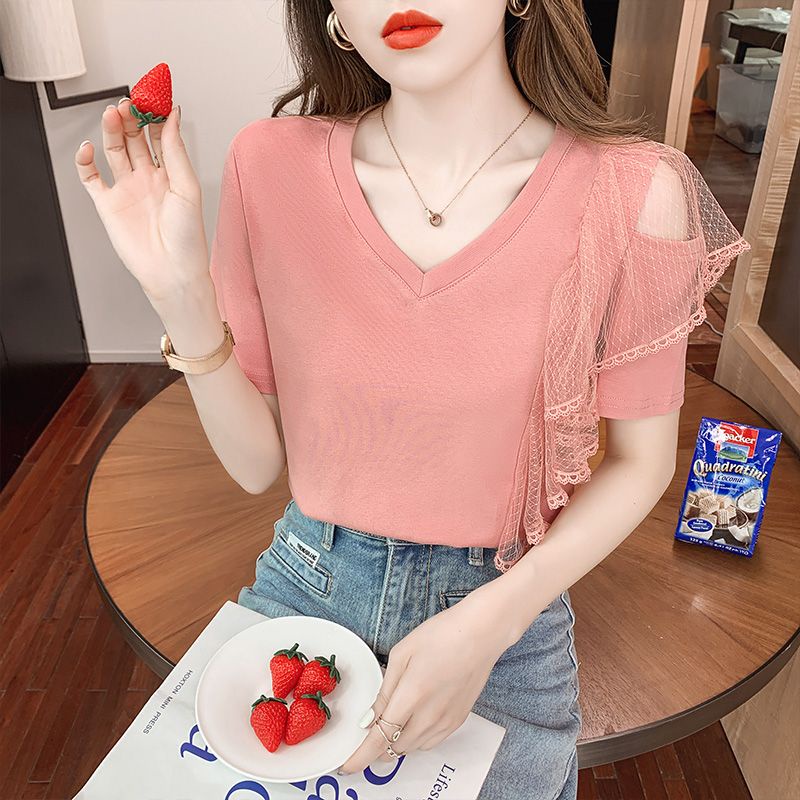 Áo Thun Mùa Hè 2023 Áo Thun Tay Cộc Trễ Vai Xếp Nếp Phối Ren Bèo Cho Nữ