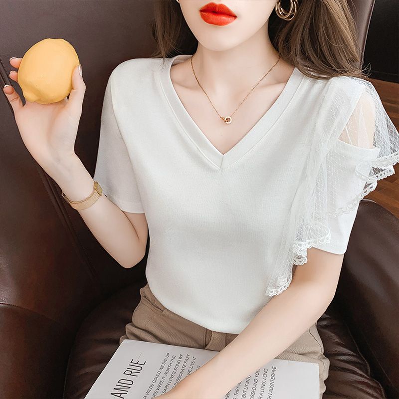 Áo Thun Mùa Hè 2023 Áo Thun Tay Cộc Trễ Vai Xếp Nếp Phối Ren Bèo Cho Nữ