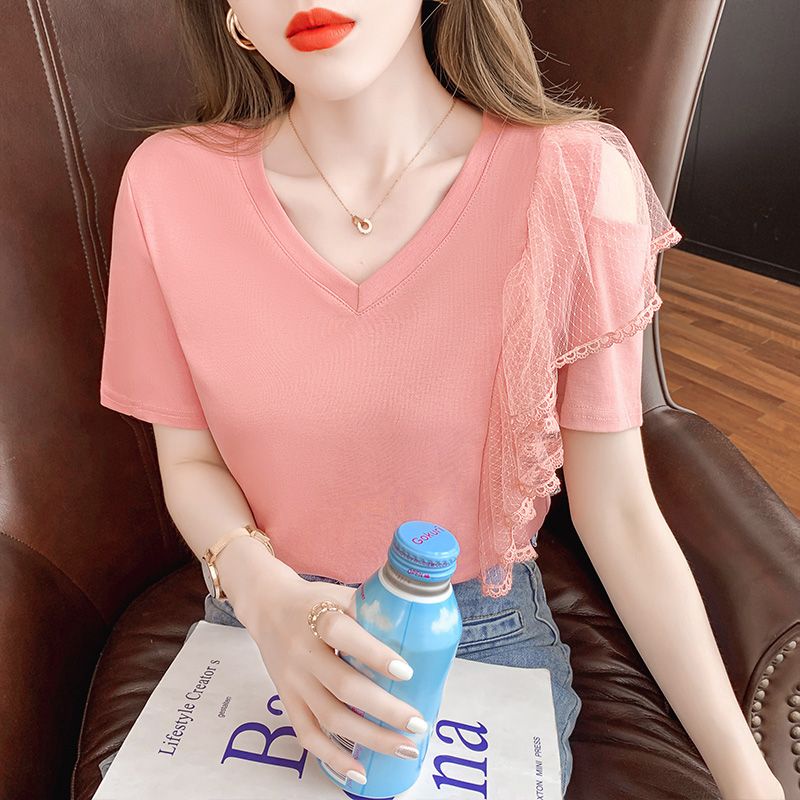 Áo Thun Mùa Hè 2023 Áo Thun Tay Cộc Trễ Vai Xếp Nếp Phối Ren Bèo Cho Nữ