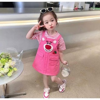 Set yếm gấu hồng mix áo kẻ cho bé gái kèm ảnh thật