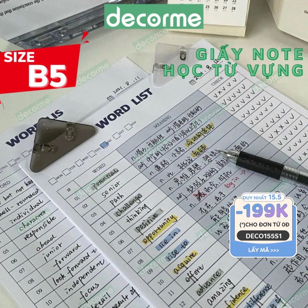 Giấy note B5 học từ vựng DecorMe giấy note ghi chú planner basic blue 30 tờ phong cách Hàn Quốc tiện dụng NWORD