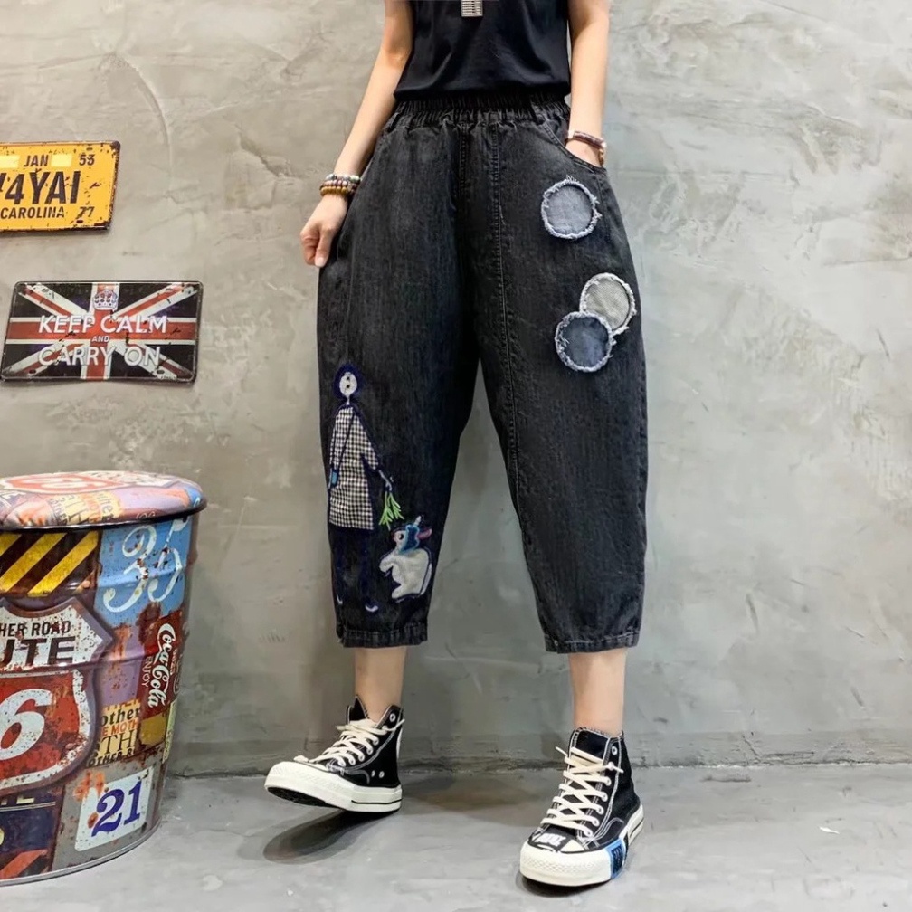 Quần jean nữ, quần bò nữ thêu cạp chun dáng thụng nữ mới nhất Mã MD17