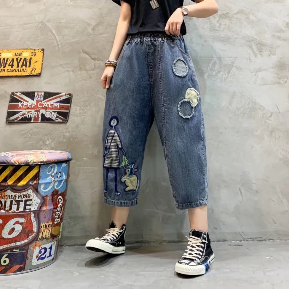 Quần jean nữ, quần bò nữ thêu cạp chun dáng thụng nữ mới nhất Mã MD17