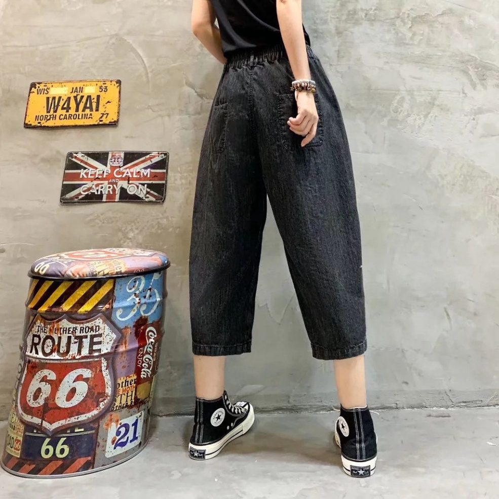 Quần jean nữ, quần bò nữ thêu cạp chun dáng thụng nữ mới nhất Mã MD17