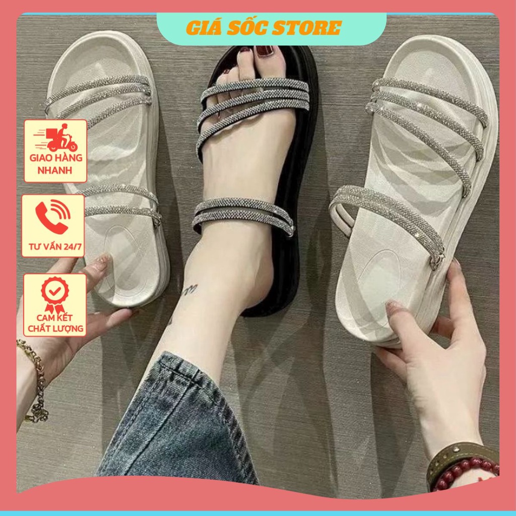 Dép Lê Nữ Quai Ngang Xỏ Ngón Dây Đính Đá Xinh Đẹp Thời Trang, Dép Sandal Đế Độn 5cm Mới Cho Nữ Hot Năm 2023