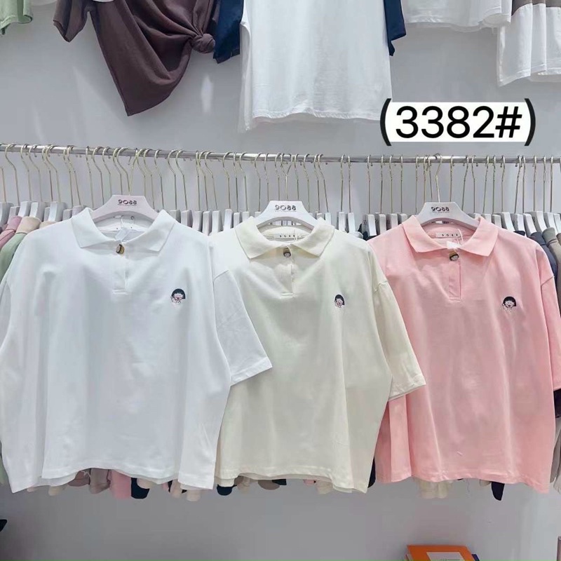 Áo polo oversize dáng ngắn thêu anime cute qc