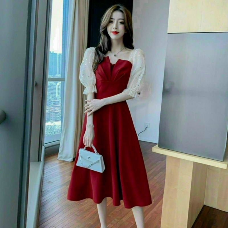 Váy đầm xòe dự tiệc bigsize mẫu mới giá rẻ đẹp, mẫu váy đầm 2 màu đỏ đen đi tiệc tay phối lưới thành lịch duyên dáng