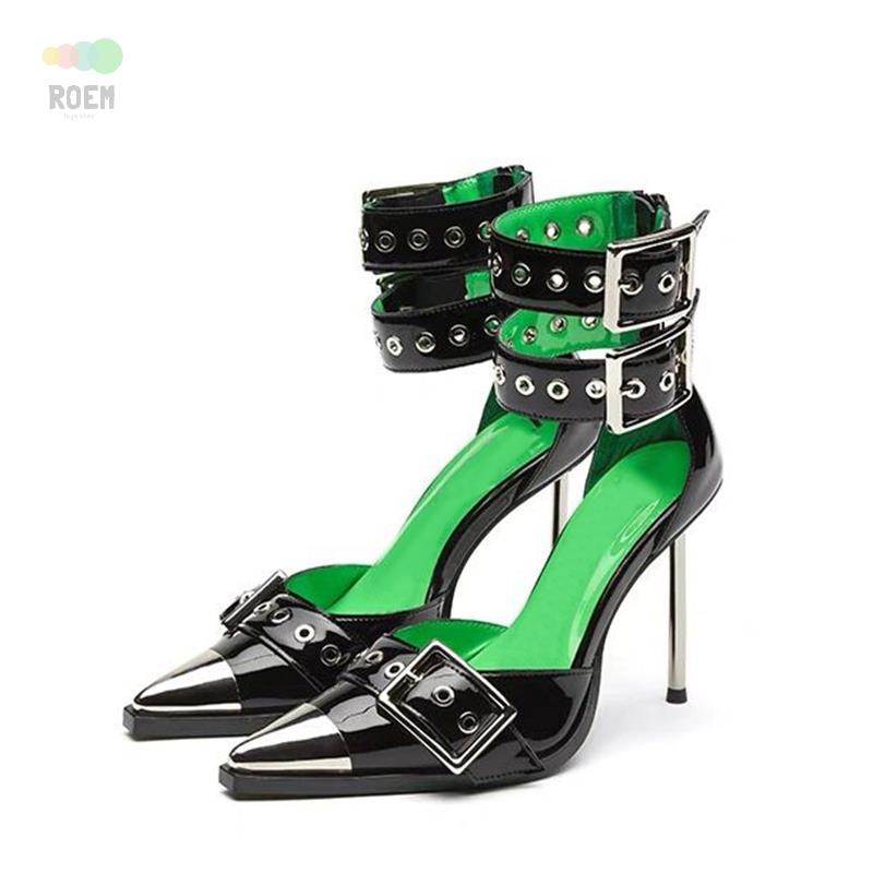 Giày cao gót nữ mũi nhọn khóa kim loại đinh tán phong cách Punk