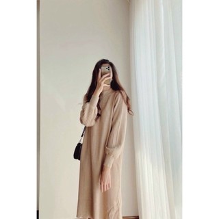 Váy len suông dài tay bo thu đông, đầm suông thun len gân dáng dài thu đông 3 màu