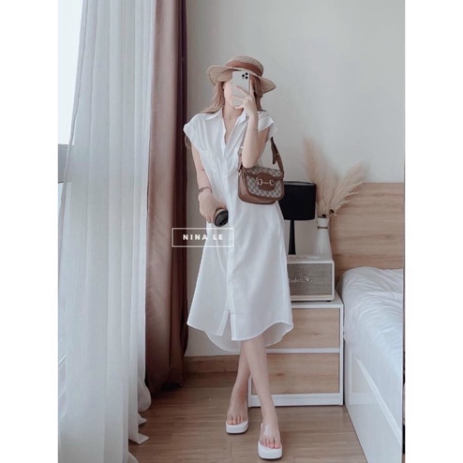 váy sơ mi cộc tay cổ đức dáng suông dài, đầm sơ mi bầu bí trơn tay ngắn cá tính