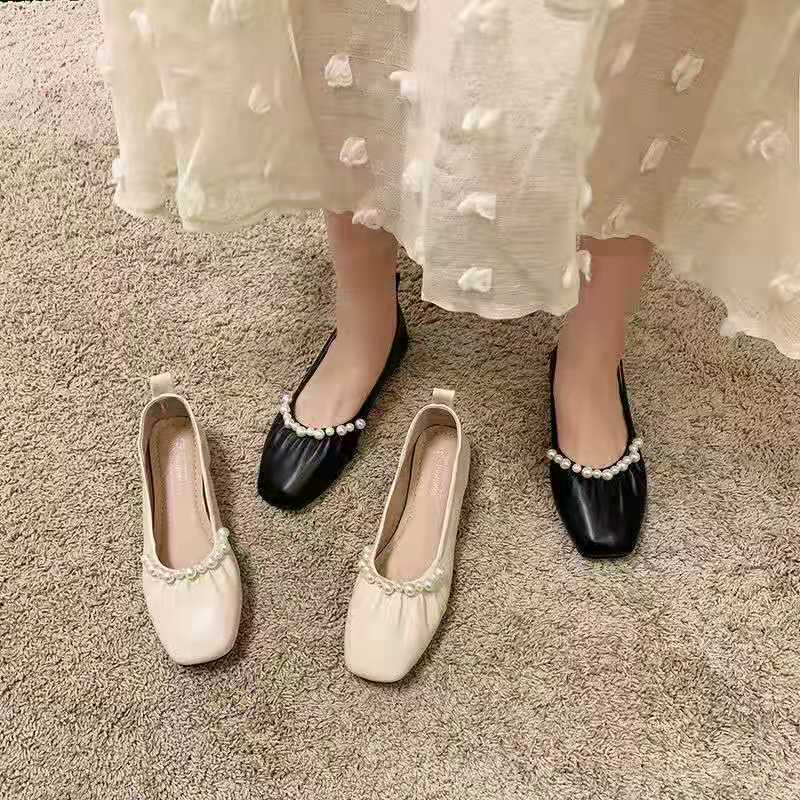 Giày Búp Bê Da Mềm Đế Bằng Đính Ngọc Trai Thời Trang 2022 Cho Mẹ Bầu
