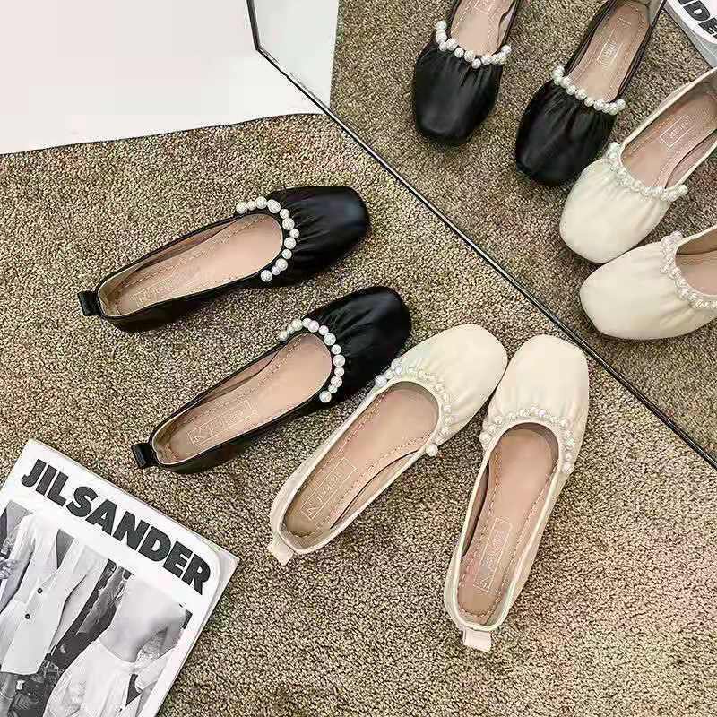 Giày Búp Bê Da Mềm Đế Bằng Đính Ngọc Trai Thời Trang 2022 Cho Mẹ Bầu