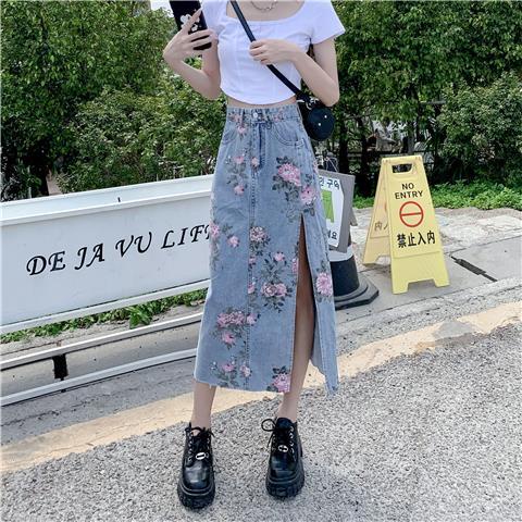 Chân Váy Denim Xẻ Tà Dáng Chữ a In Họa Tiết Hoa Thời Trang Xuân Hè Cho Nữ Plus Size