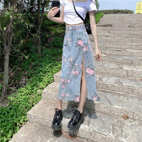 Chân Váy Denim Xẻ Tà Dáng Chữ a In Họa Tiết Hoa Thời Trang Xuân Hè Cho Nữ Plus Size