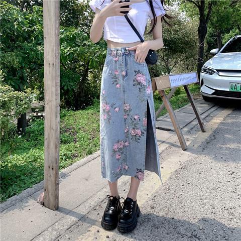 Chân Váy Denim Xẻ Tà Dáng Chữ a In Họa Tiết Hoa Thời Trang Xuân Hè Cho Nữ Plus Size