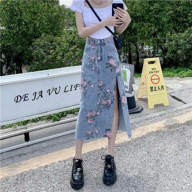 Chân Váy Denim Xẻ Tà Dáng Chữ a In Họa Tiết Hoa Thời Trang Xuân Hè Cho Nữ Plus Size