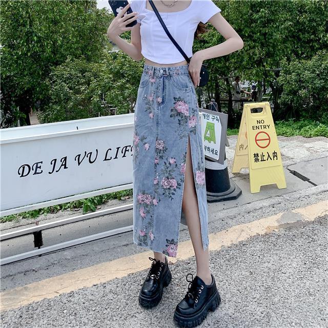 Chân Váy Denim Xẻ Tà Dáng Chữ a In Họa Tiết Hoa Thời Trang Xuân Hè Cho Nữ Plus Size