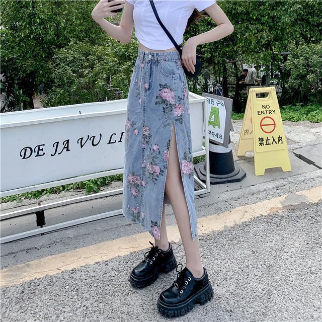 Chân Váy Denim Xẻ Tà Dáng Chữ a In Họa Tiết Hoa Thời Trang Xuân Hè Cho Nữ Plus Size