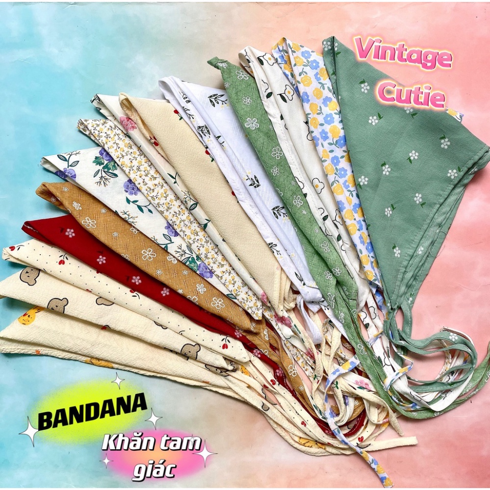 KHĂN BANDANA TAM GIÁC CỘT DÂY, HOA VẢI LỤA ĐẸP, KHĂN TAM GIÁC ĐỘI ĐẦU VINTAGE PKX
