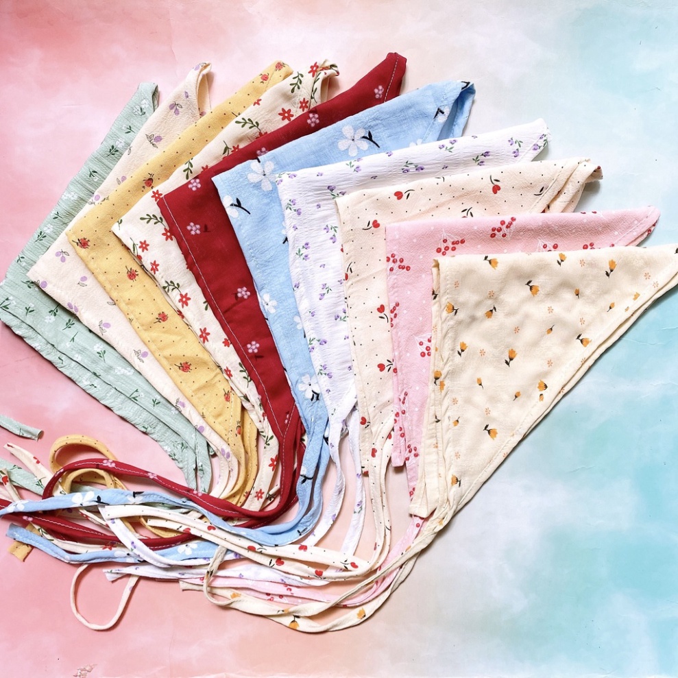 KHĂN BANDANA TAM GIÁC CỘT DÂY, HOA VẢI LỤA ĐẸP, KHĂN TAM GIÁC ĐỘI ĐẦU VINTAGE PKX