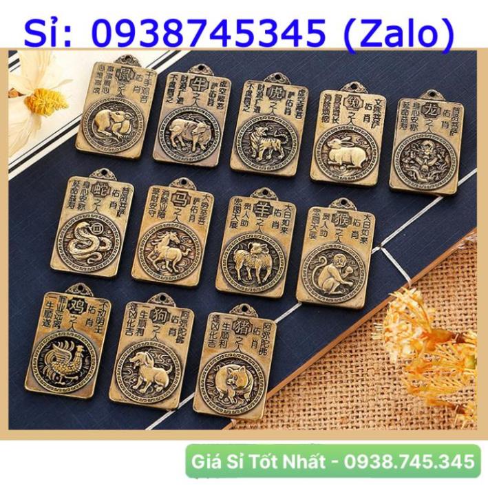 Móc Khóa 12 con Giáp phong thủy bằng đồng thau, mặt sau hình phật Bản Mệnh
