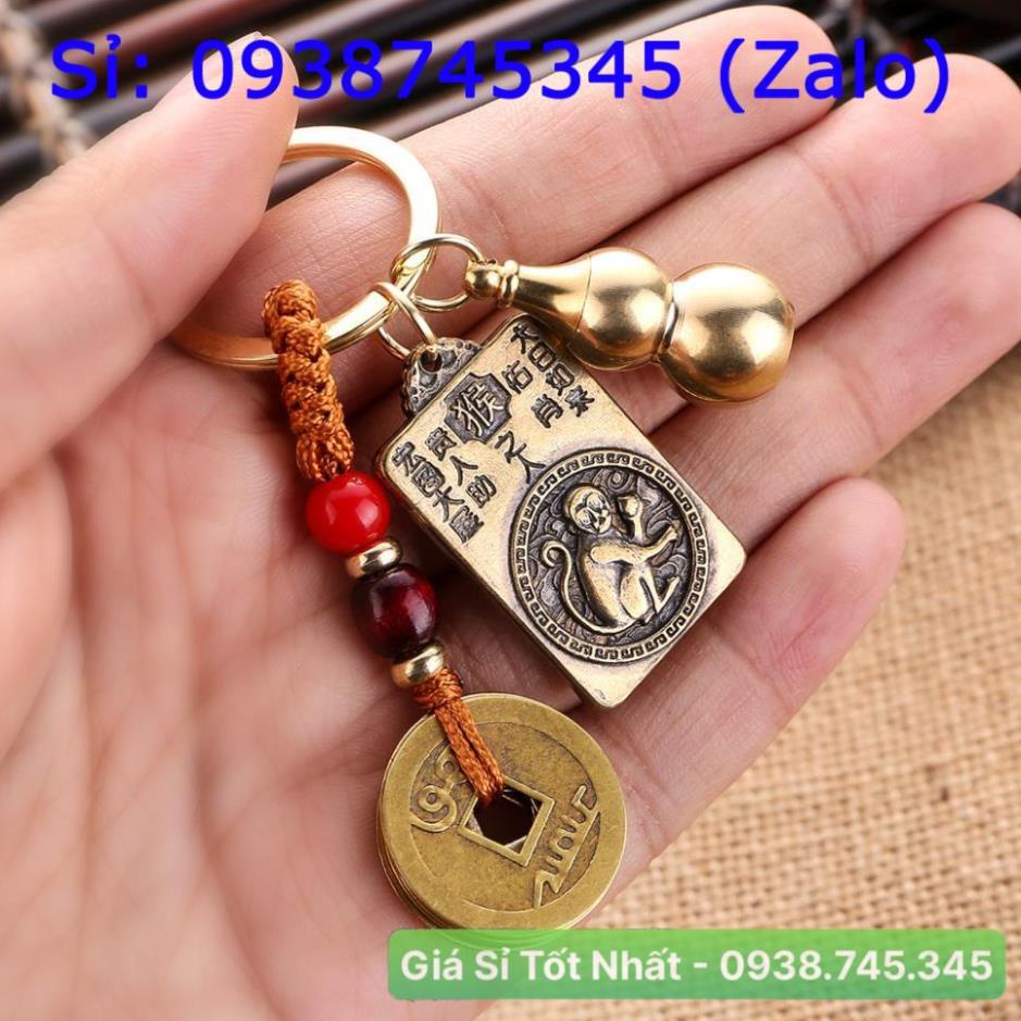 Móc Khóa 12 con Giáp phong thủy bằng đồng thau, mặt sau hình phật Bản Mệnh