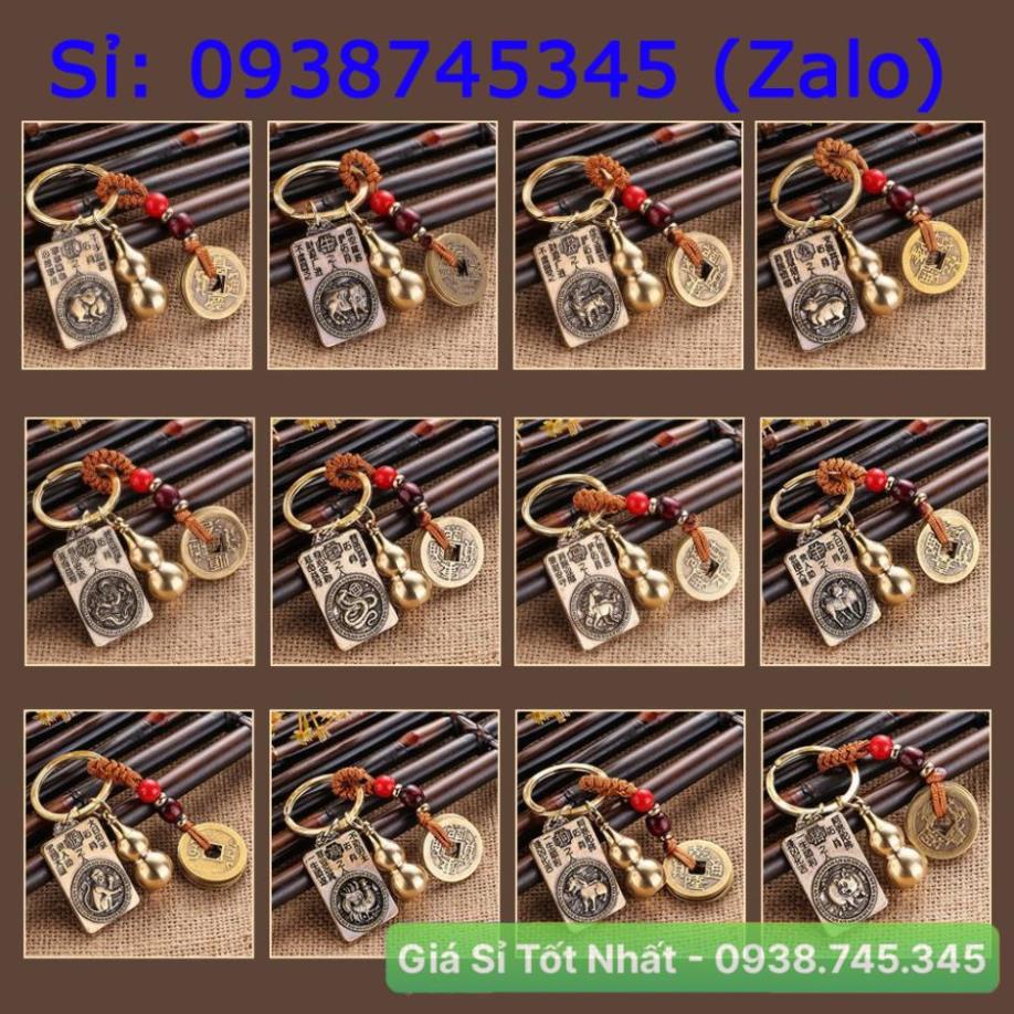 Móc Khóa 12 con Giáp phong thủy bằng đồng thau, mặt sau hình phật Bản Mệnh