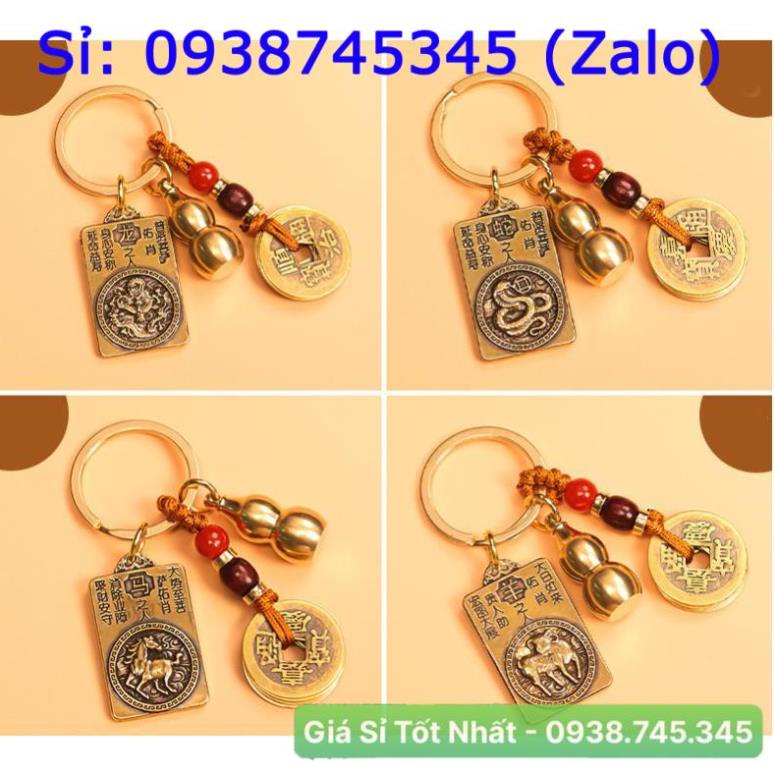 Móc Khóa 12 con Giáp phong thủy bằng đồng thau, mặt sau hình phật Bản Mệnh