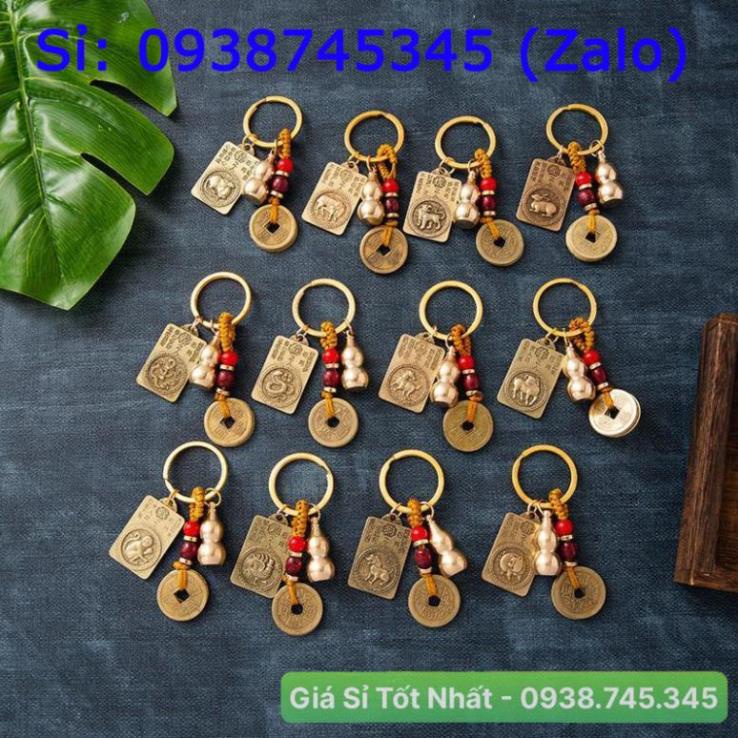 Móc Khóa 12 con Giáp phong thủy bằng đồng thau, mặt sau hình phật Bản Mệnh