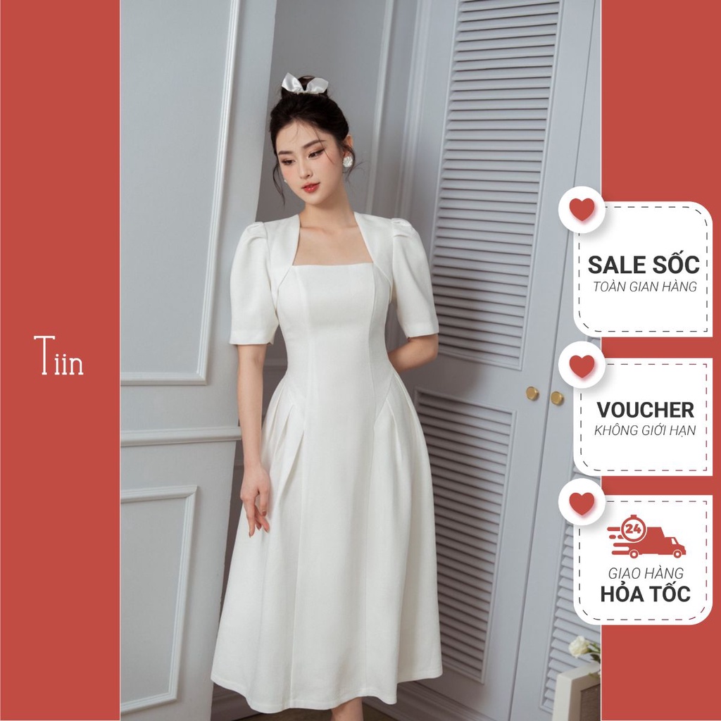 Váy cổ vuông xếp ly sườn chân xoè màu trắng đen TIINSTORE VHN740