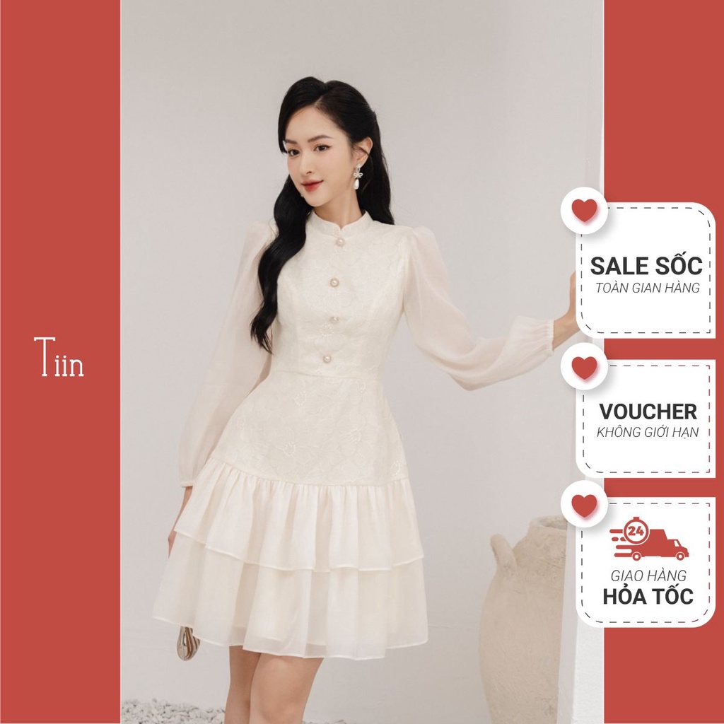 Váy ren cổ tàu phối tay bèo tầng TIINSTORE VHD755