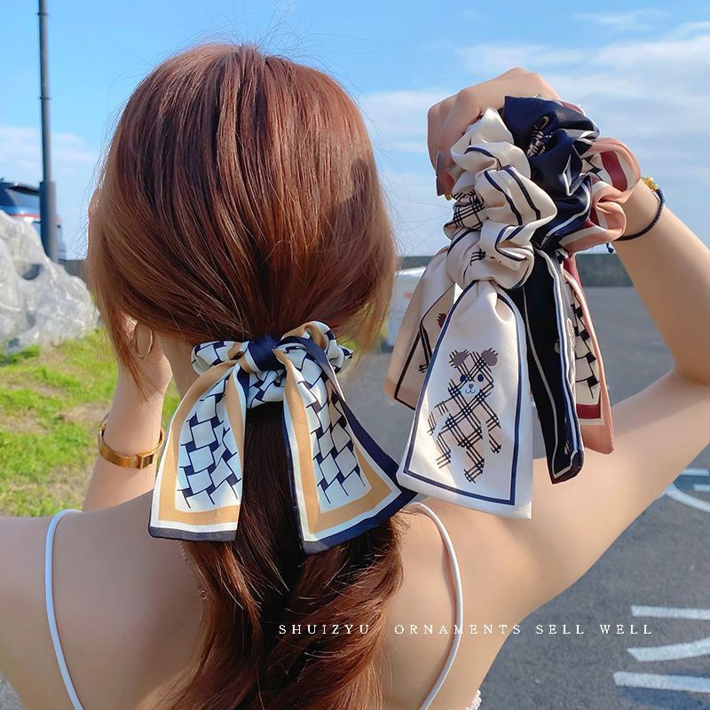 Dây Cột Tóc Ruy Băng Thắt Nơ Họa Tiết Kẻ Sọc Phong Cách Pháp Cổ Điển