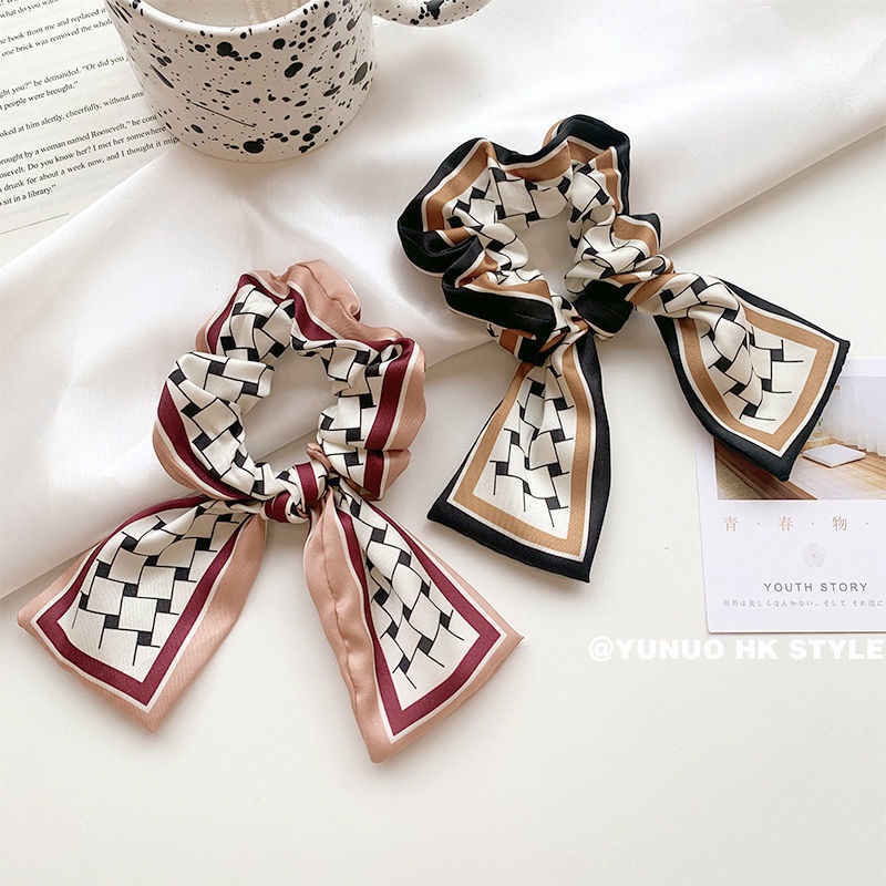 Dây Cột Tóc Ruy Băng Thắt Nơ Họa Tiết Kẻ Sọc Phong Cách Pháp Cổ Điển