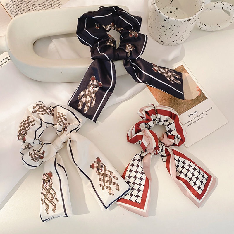 Dây Cột Tóc Ruy Băng Thắt Nơ Họa Tiết Kẻ Sọc Phong Cách Pháp Cổ Điển