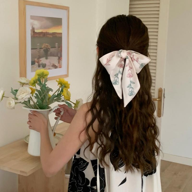 Dây Buộc Tóc Lụa Dài In Họa Tiết Hoa Hồng Phong Cách Pháp Cổ Điển
