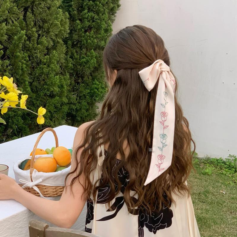 Dây Buộc Tóc Lụa Dài In Họa Tiết Hoa Hồng Phong Cách Pháp Cổ Điển