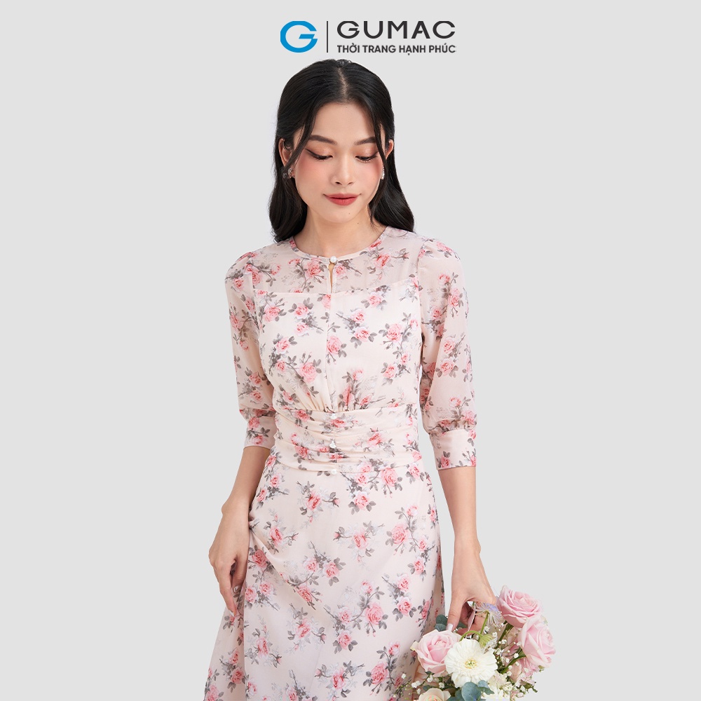 Đầm hoa nữ xếp nhún eo GUMAC DD03006