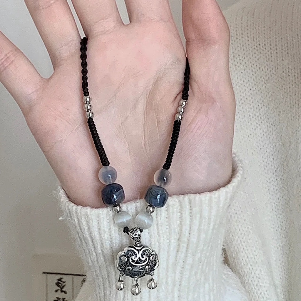 Vòng Cổ Dây Rút Màu Đen Mặt Hình Đường An Toàn Phong Cách Trung Hoa Cổ Điển May Mắn Cao Cấp Thiết Kế Niche