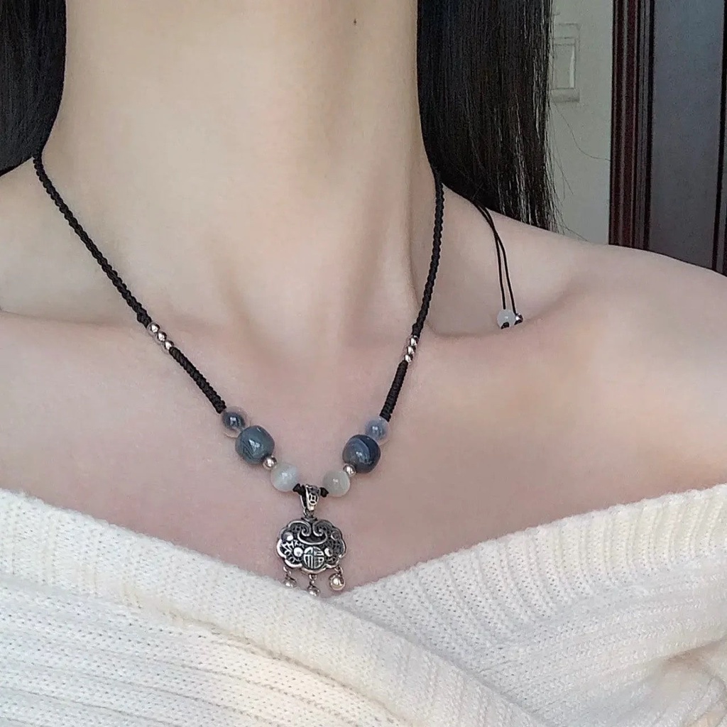 Vòng Cổ Dây Rút Màu Đen Mặt Hình Đường An Toàn Phong Cách Trung Hoa Cổ Điển May Mắn Cao Cấp Thiết Kế Niche