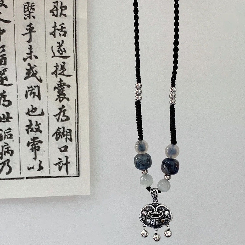 Vòng Cổ Dây Rút Màu Đen Mặt Hình Đường An Toàn Phong Cách Trung Hoa Cổ Điển May Mắn Cao Cấp Thiết Kế Niche