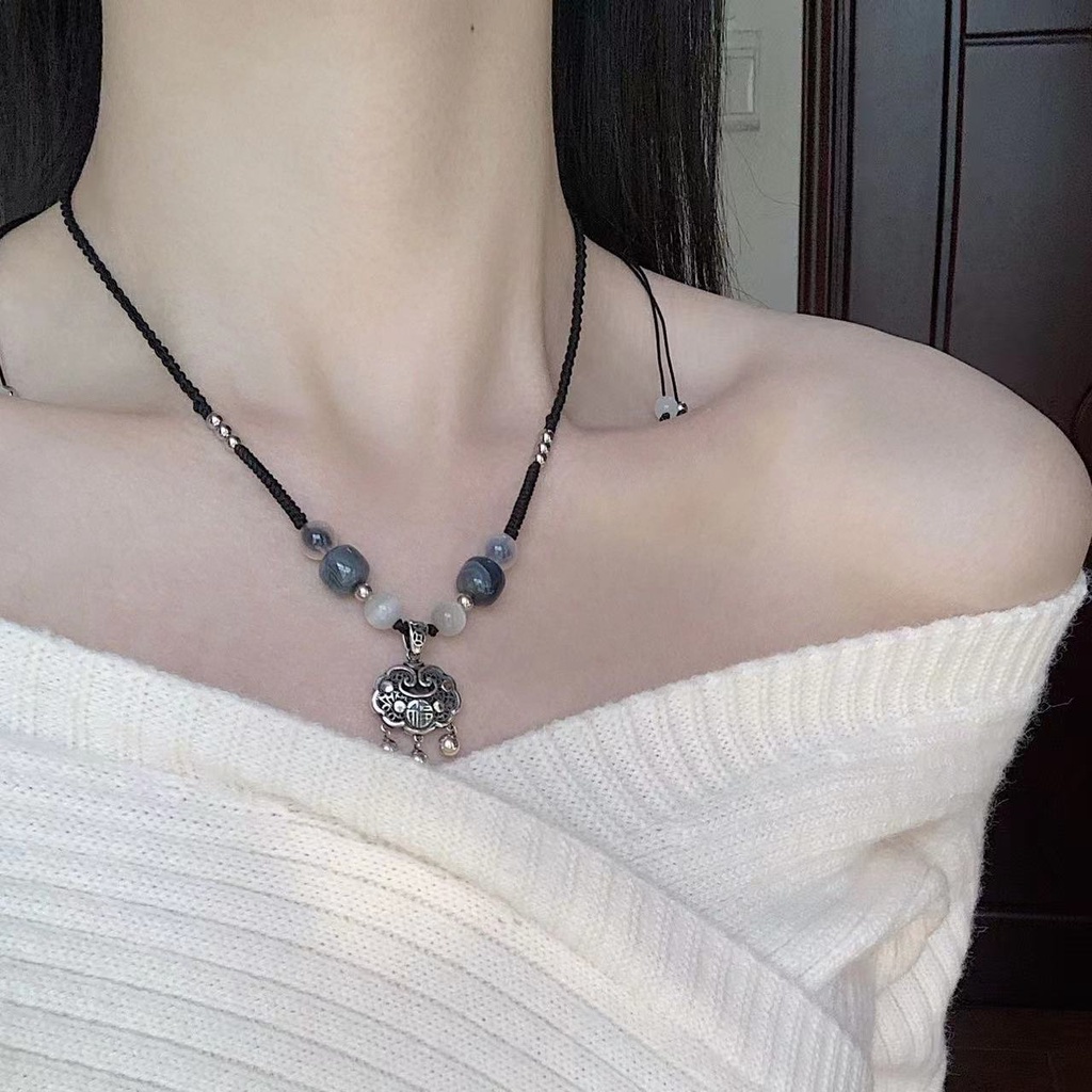 Vòng Cổ Dây Rút Màu Đen Mặt Hình Đường An Toàn Phong Cách Trung Hoa Cổ Điển May Mắn Cao Cấp Thiết Kế Niche