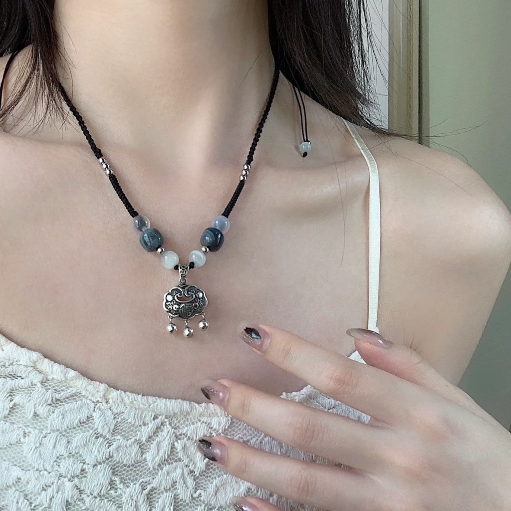 Vòng Cổ Dây Rút Màu Đen Mặt Hình Đường An Toàn Phong Cách Trung Hoa Cổ Điển May Mắn Cao Cấp Thiết Kế Niche