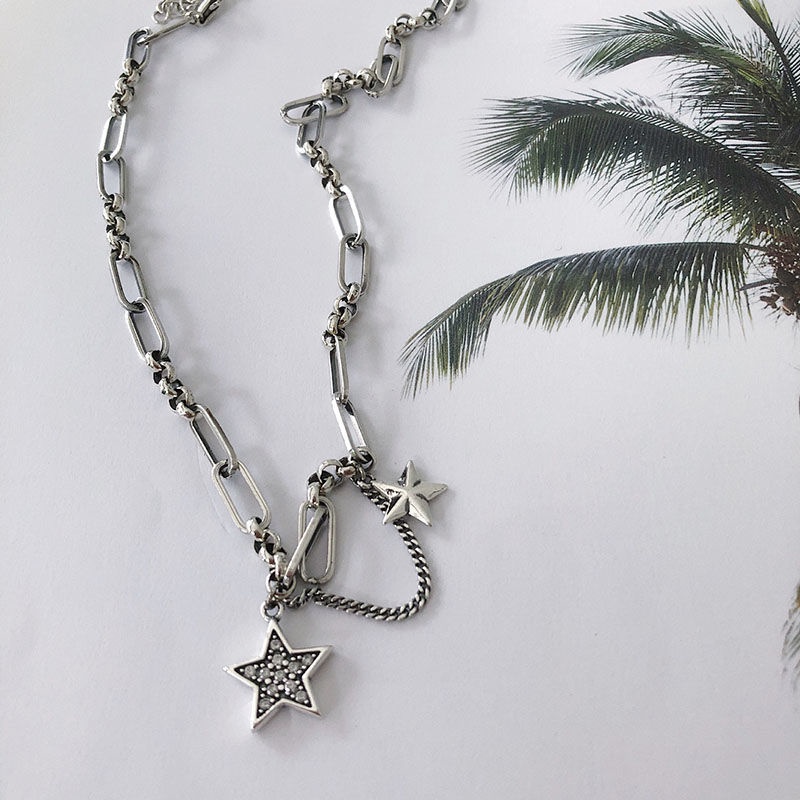 Dây Chuyền Hai Lớp Bằng Thép Titan Mặt Ngôi Sao Đính Kim Cương Độc Đáo Phong Cách Hip Hop