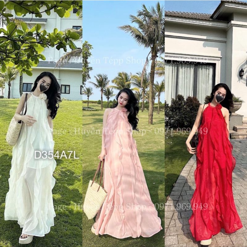 Đầm Maxi Đi Biển BIGSIZE ,Váy Cổ Yếm Suông Hở Lưng Bèo Tầng Form Rộng Vải Lụa 2 Lớp Nhẹ Nhàng Quyến Rũ V35477